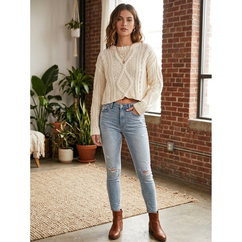 Free People XS Ivory Cotton Cable Knit Cropped Sweater OB1505562 Cream Chunky